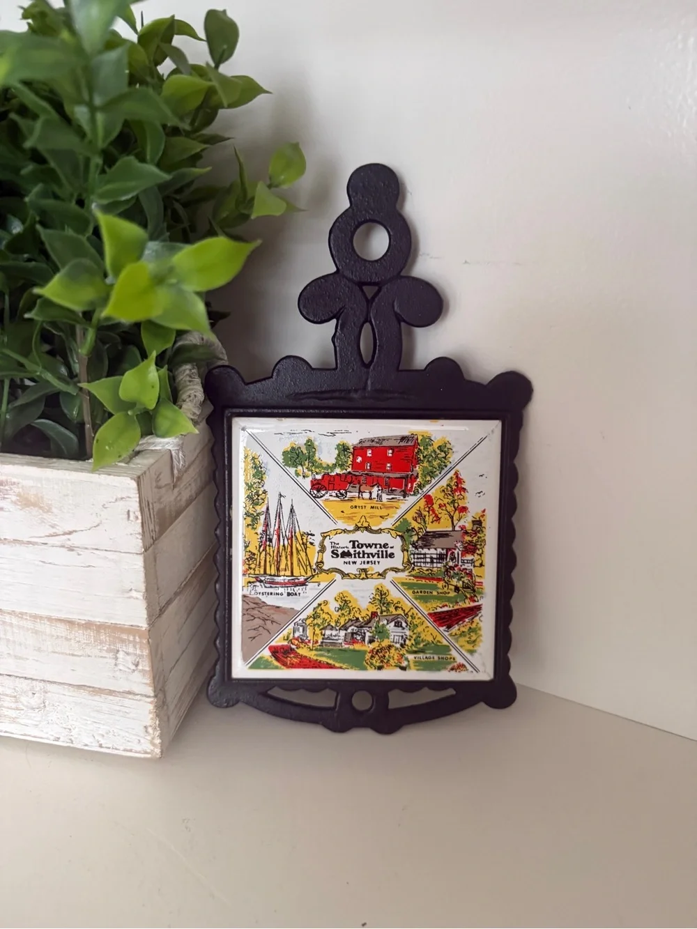 Vintage Smithville New Jersey Souvenir Ceramic Tile Cast Iron Trivet Iron Decor